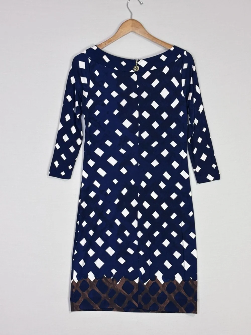 Tory Burch Silk Mini Dress Blue White Print Logo Zip 3/4 Sleeve Small